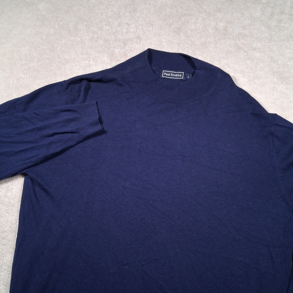 Paul Fredrick Sweater Mens L Navy Blue Silk Cotton Cashmere Mock Neck Pullover